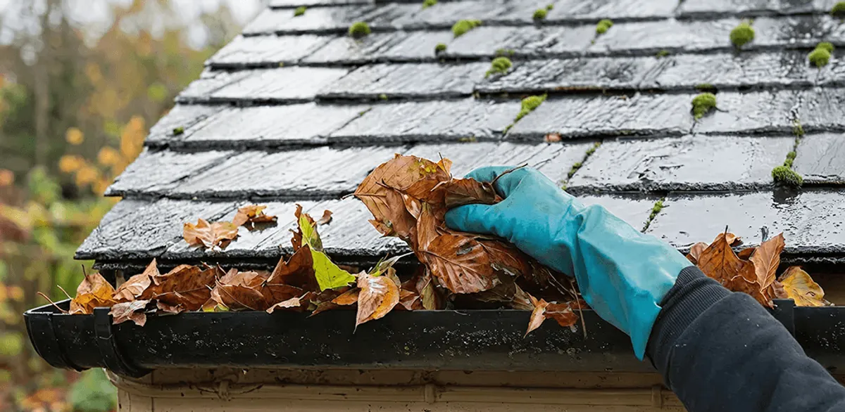 Gutter cleaning technician clearing wet leaves from roof gutters in Madison, WI